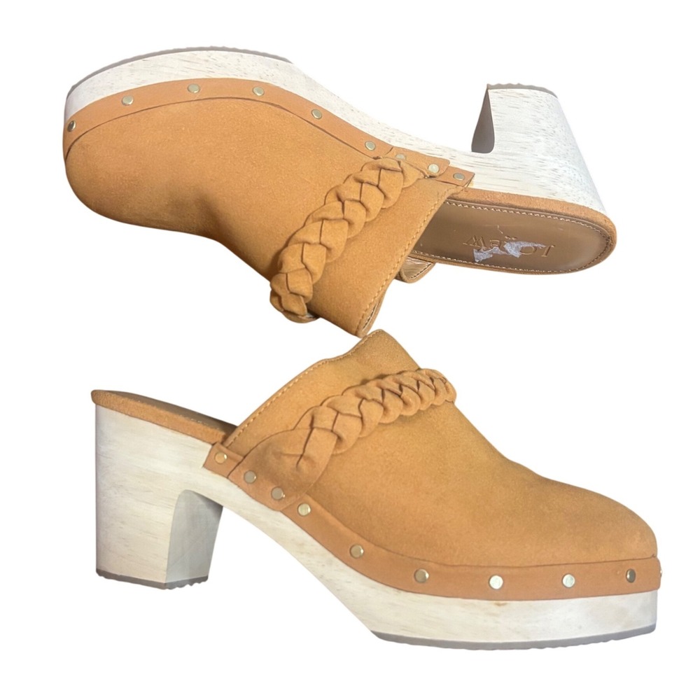J.Crew Women Braided Suede Clogs Tan Camel Wooden Platform Studded Heel sz 7